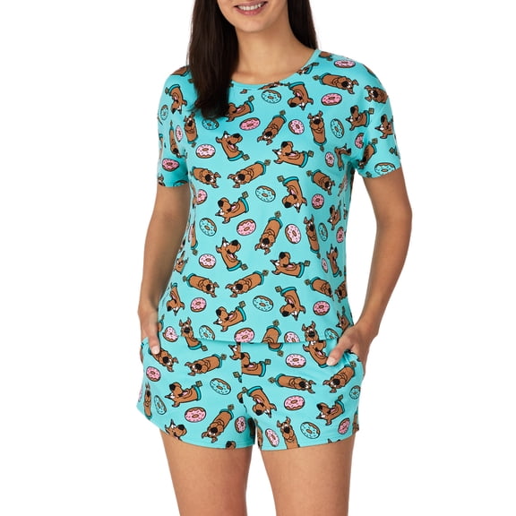 Richard Leeds International Womens Scooby Doo 2 Piece Matching Pajama Set - Short Sleeve PJs Top & Shorts with Pockets - Sleep & Loungewear Pajamas Sets for Women, Blue X-Large