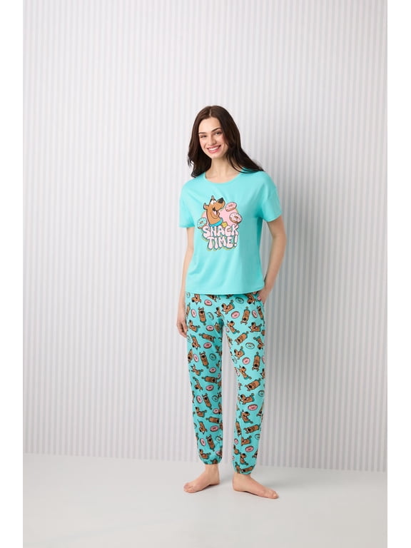 Richard Leeds International Womens Scooby Doo Matching 2 Piece Short Sleeve Pajama Top & PJs Jogger Pants Set with Pockets - Soft & Cozy Sleep & Loungewear Pajamas Sets for Women, Blue Large