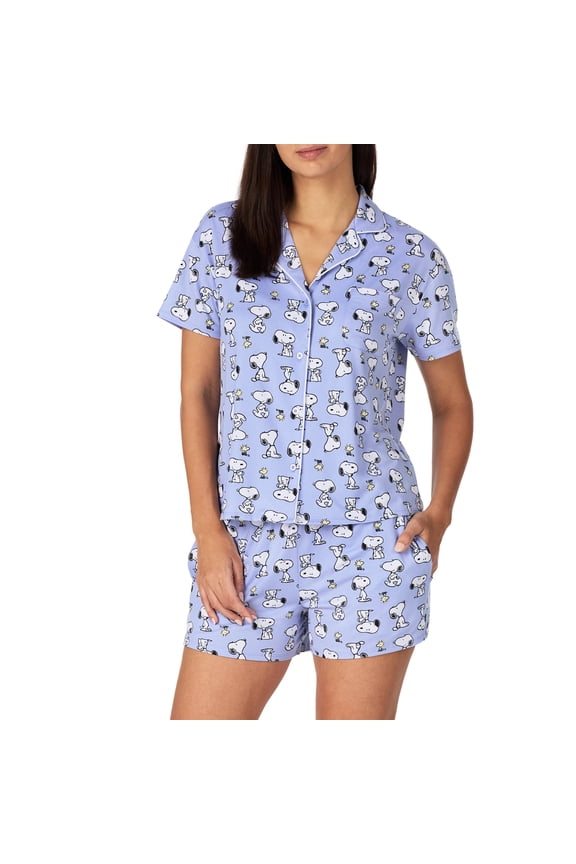 Richard Leeds International Womens Short Sleeve Button-Down Pajama Set Peanuts Snoopy, X-Large, Blue Snoopy