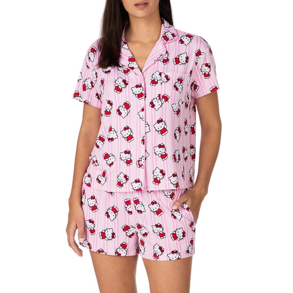 Richard Leeds International Womens Short Sleeve Button-Down Pajama Set Sanrio Hello Kitty, Medium, Pink Hello Kitty