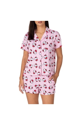 Richard Leeds International Womens Short Sleeve Button-Down Pajama Set Sanrio Hello Kitty, X-Small, Pink Hello Kitty