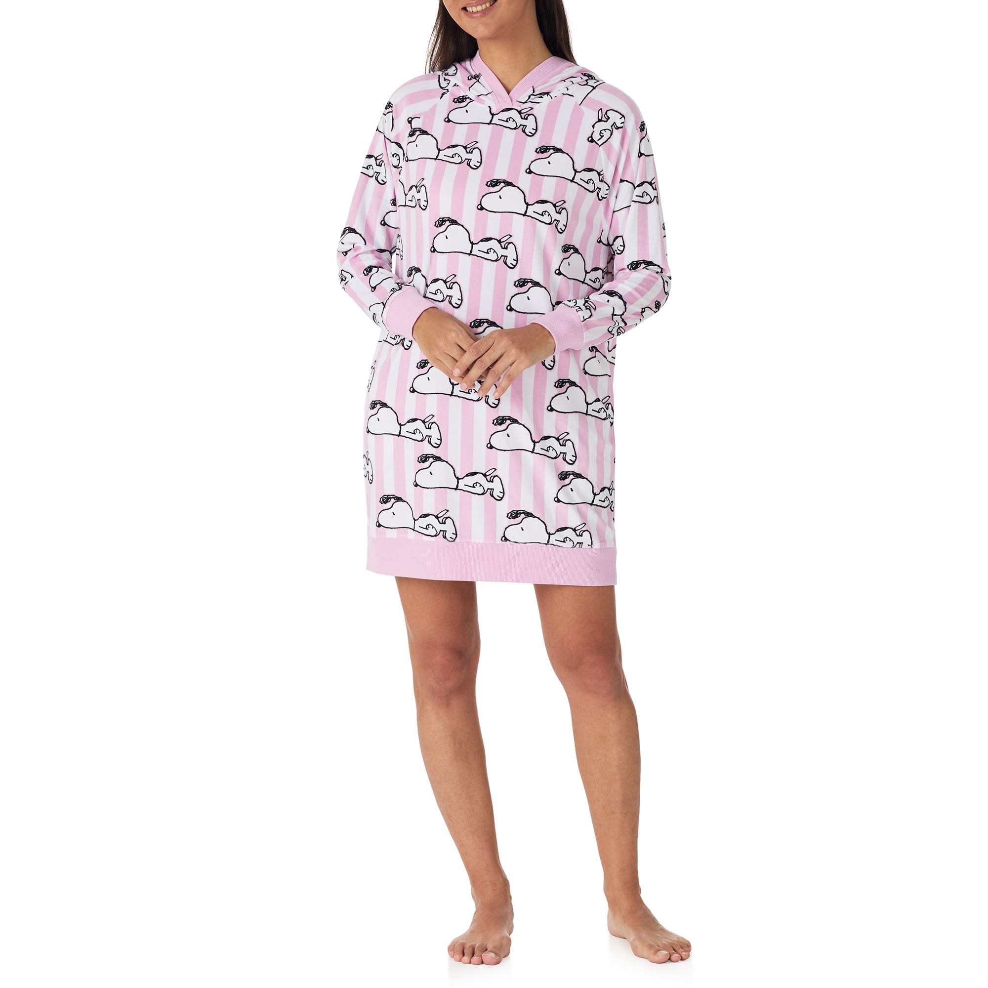 Richard Leeds International Womens Snoopy Peanuts Hooded Pajama Lounger Sleep & Lounge Dress - Super Soft Plushy Cozy & Warm Hoodie Loungewear Pajamas Dresses for Women, Pink Small