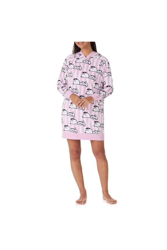 Richard Leeds International Womens Snoopy Peanuts Hooded Pajama Lounger Sleep & Lounge Dress - Super Soft Plushy Cozy & Warm Hoodie Loungewear Pajamas Dresses for Women, Pink Medium