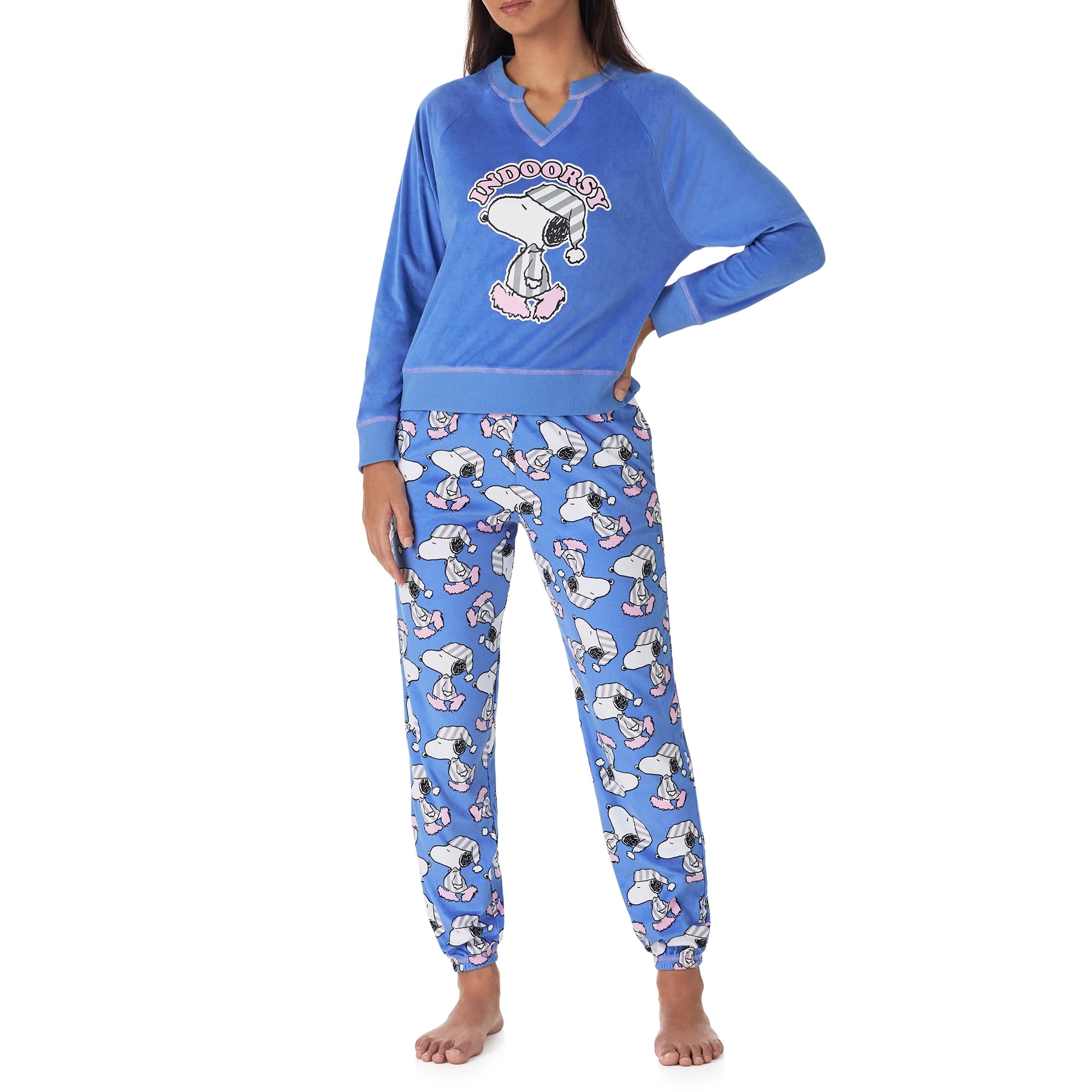Richard Leeds International Womens Snoopy Peanuts Matching 2 Piece Long Sleeve Pajama Top & PJs Jogger Pants Set with Pockets - Soft & Cozy Sleep & Loungewear Pajamas Sets for Women, Blue, L
