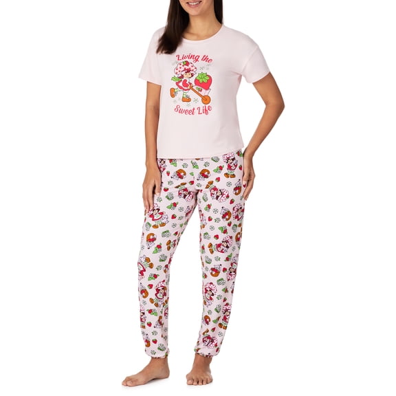 Richard Leeds International Womens Strawberry Shortcake Matching 2 Piece Short Sleeve Pajama Top & PJs Jogger Pants Set with Pockets - Soft & Cozy Sleep & Loungewear Pajamas Sets for Women, Pink XL