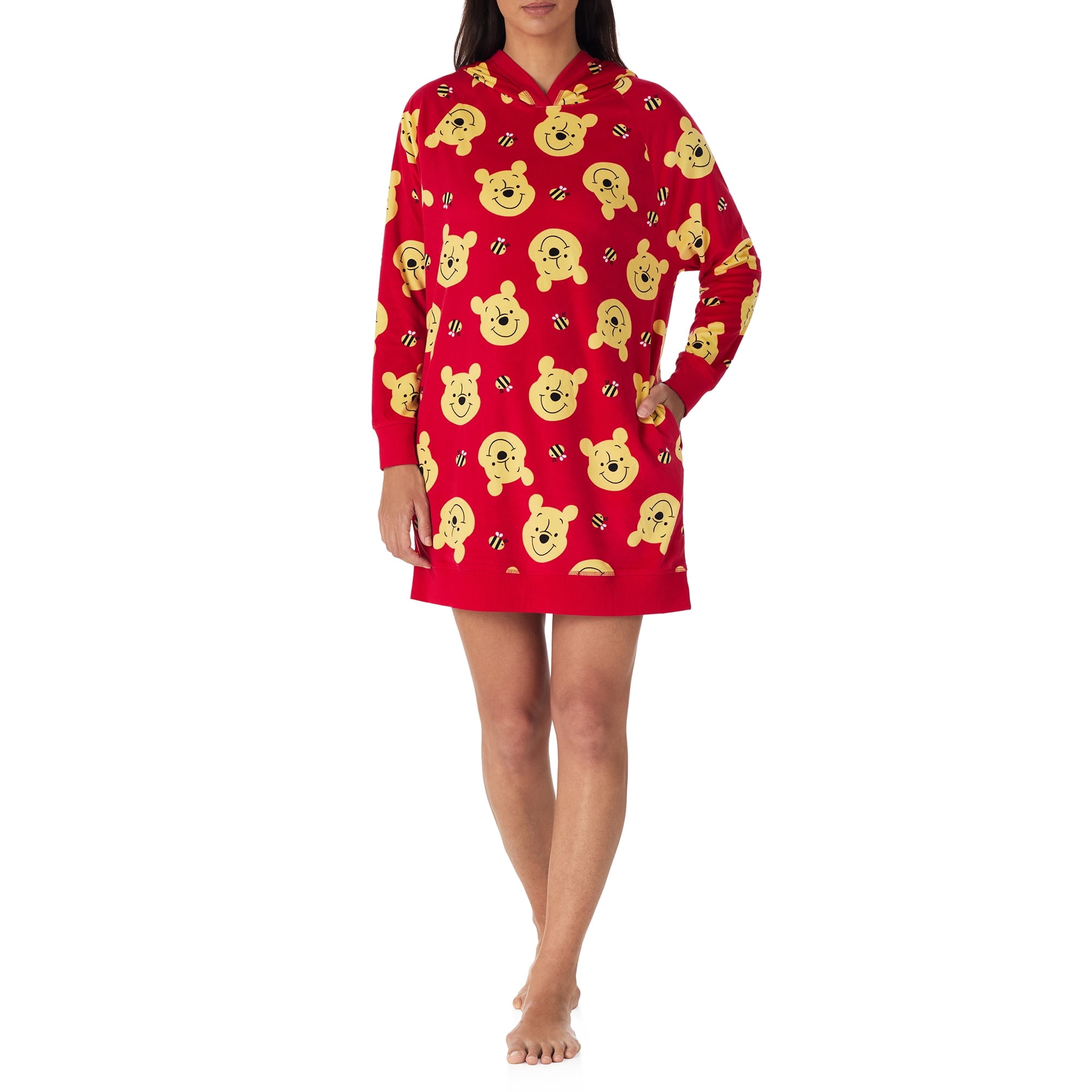 Richard Leeds International Womens Winnie the Pooh Hooded Pajama Lounger Sleep & Lounge Dress - Super Soft Plushy Cozy & Warm Hoodie Loungewear Pajamas Dresses for Women, Red X-Large