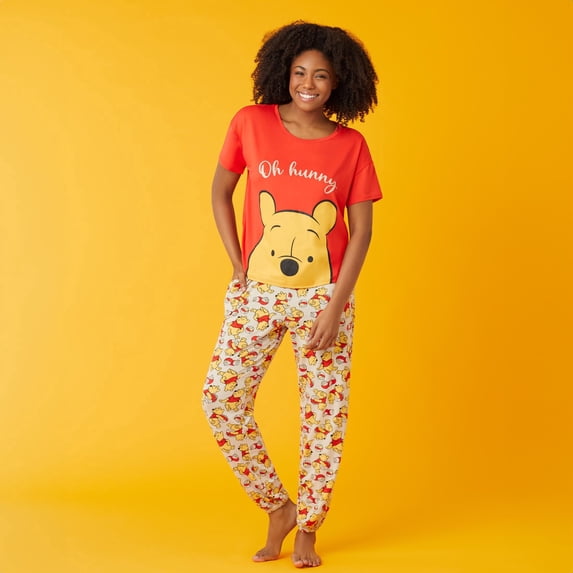 Richard Leeds International Womens Winnie the Pooh Matching 2 Piece Short Sleeve Pajama Top & PJs Jogger Pants Set with Pockets - Soft & Cozy Sleep & Loungewear Pajamas Sets for Women, Red Small