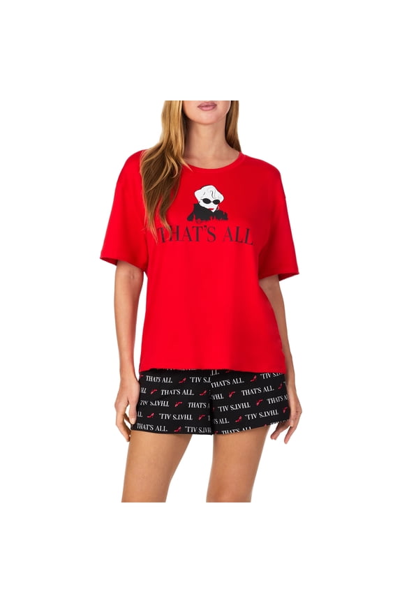 Richard Leeds Womens The Devil Wears Prada Lightweight Boxy Tee & Boxer Short Pajama Set Crew Neck, Logo Waistband, X-Small, Red Shorty Set