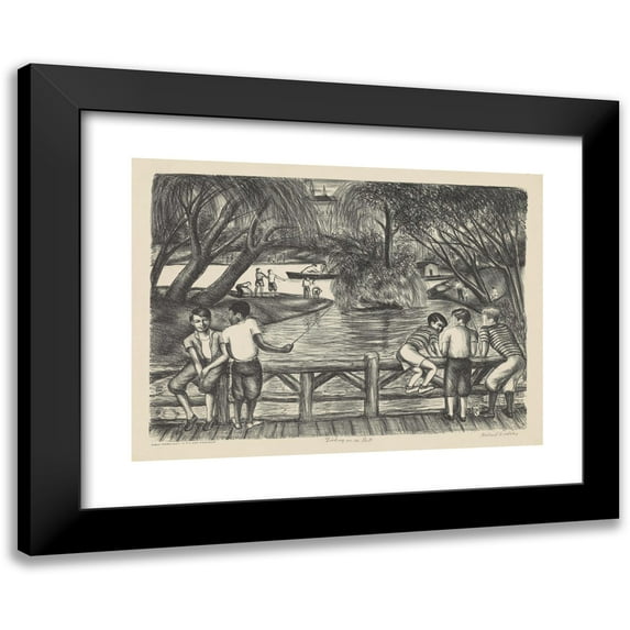 Richard Lindsey William 24x19 Black Modern Framed Museum Art Print Titled - Fishing in the Park (1935-1943)