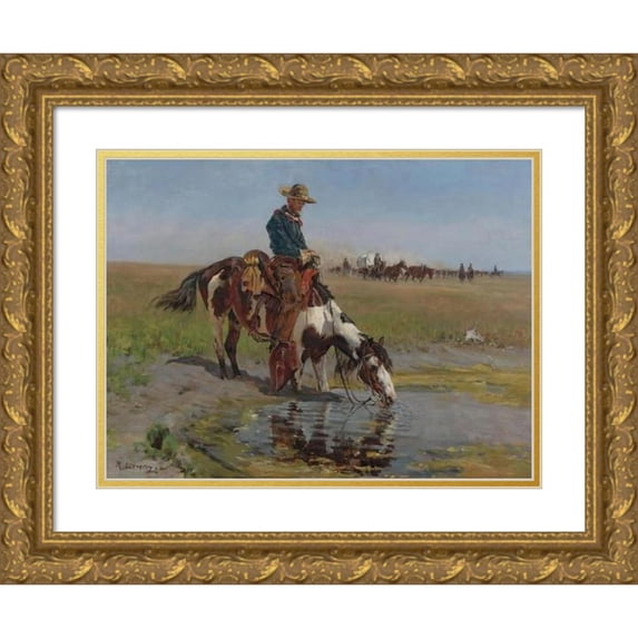 Richard Lorenz 14x12 Gold Ornate Wood Frame and Double Matted Museum Art Print Titled - At the Watering Hole