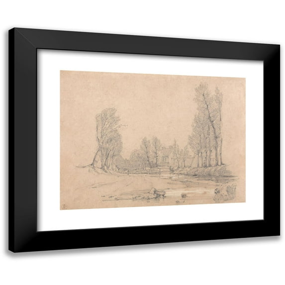 Richard Parkes Bonington 24x19 Black Modern Framed Museum Art Print Titled - A Wooded Stream and a Farmhouse in Normandy
