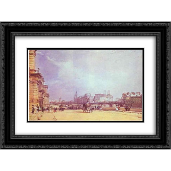 Richard Parkes Bonington 2x Matted 24x20 Black Ornate Framed Art Print 'Paris. Quai du Louvre.'