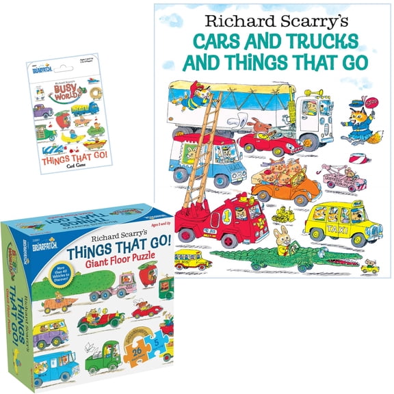 Richard Scarry's Cars and Trucks and Things That Go Hardcover, Seek and Find Vehicle Floor Puzzle, Busytown Busyworld Alphabet Matching Game and Gift Book Bag (an Educational, Hands-On Gift Set)