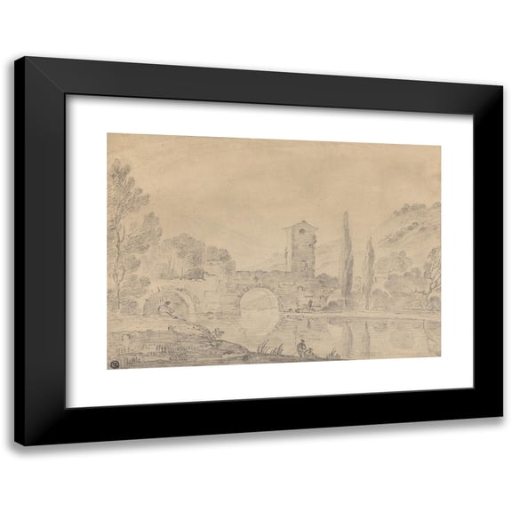 Richard Wilson 14x11 Black Modern Framed Museum Art Print Titled - Italian Landscape with Three-Arched Bridge, Bridgehouse, Figures on Near Bank, and Poplars on Farther Bank (ca. 1752)