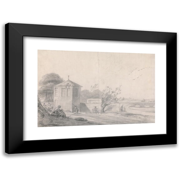 Richard Wilson 14x11 Black Modern Framed Museum Art Print Titled - Riverside Scene with Figures, Hexagonal Building Left and Horse-Drawn Wagon Crossing Bridge at Right