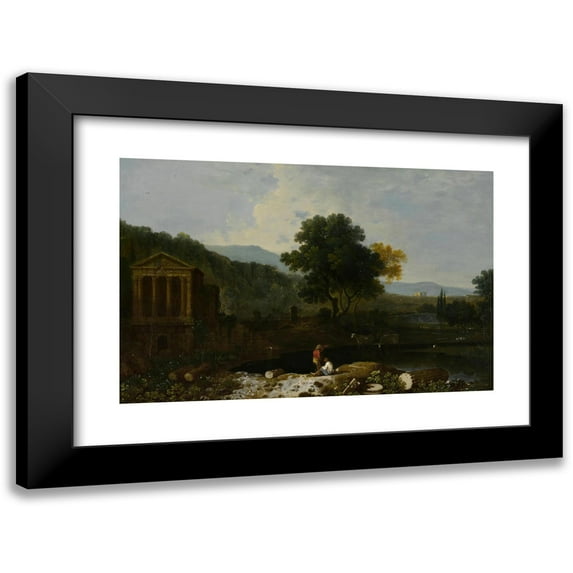 Richard Wilson 18x13 Black Modern Framed Museum Art Print Titled - An Italian River Scene, with the Temple of Clitumnus and Ruins, Two Figures and Cows
