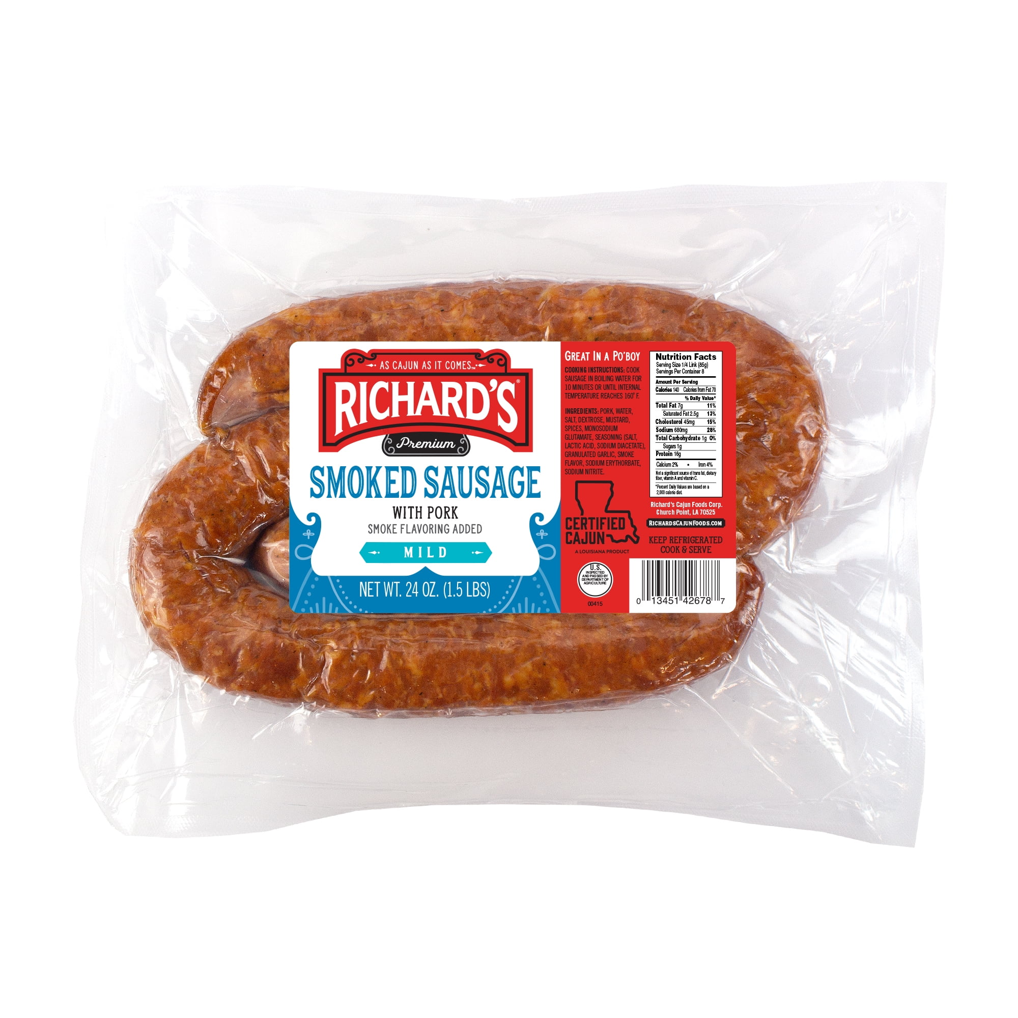 Richard's Cajun Foods Smoked Sausage with Pork, 24 oz Plastic Wrapped