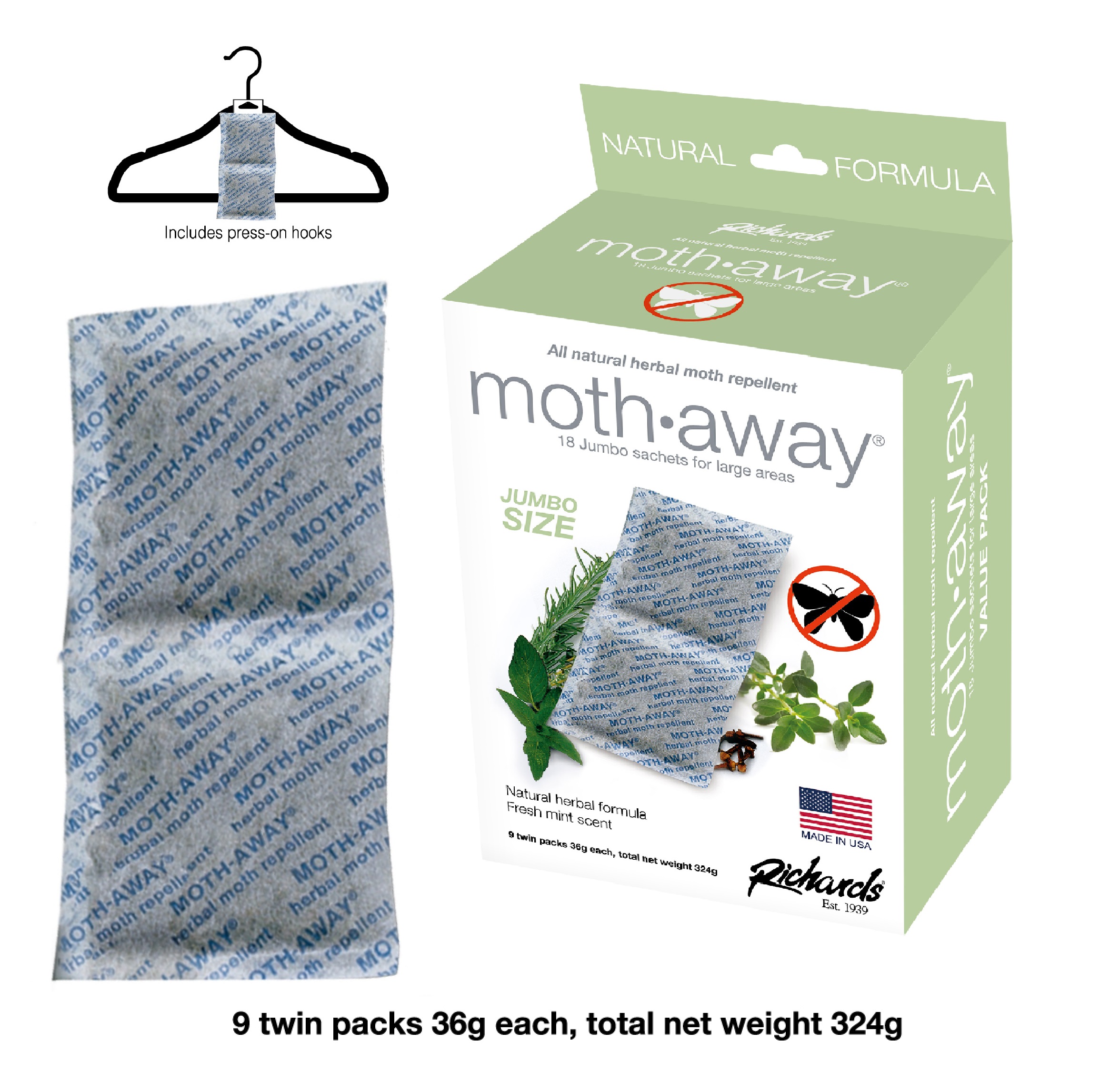 Richards Homewares Herbal Moth Away, NonToxic, 72 Peppermint Sachets