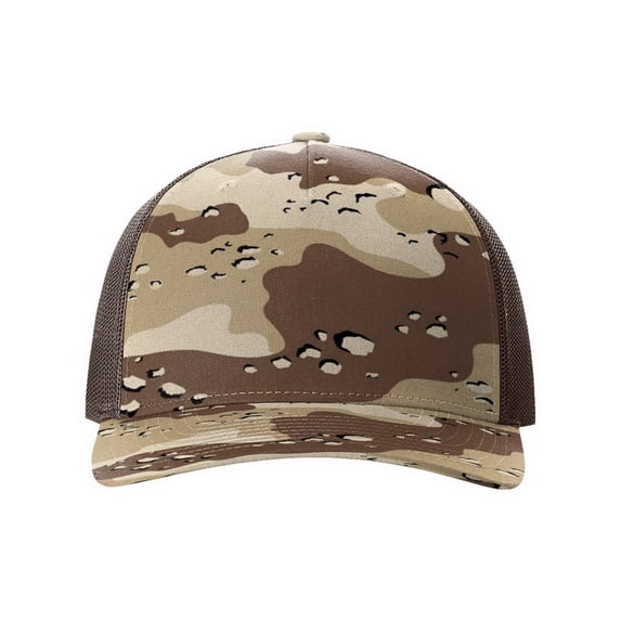 Richardson Printed Five Panel Trucker Hat (112PFP), One Size Fits Most, Camo Desert Camo/Brown