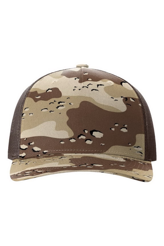 Printed Five Panel Trucker Hat (112PFP), One Size Fits Most, Camo Desert Camo/Brown