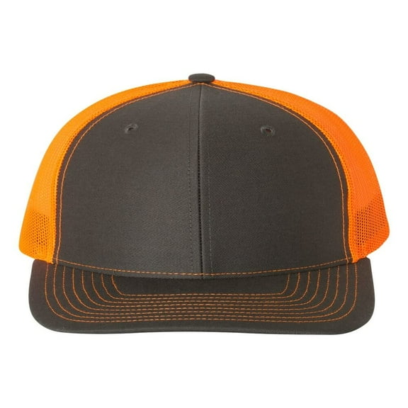Richardson - Adjustable Snapback Trucker Mesh Cap, Charcoal / Neon Orange