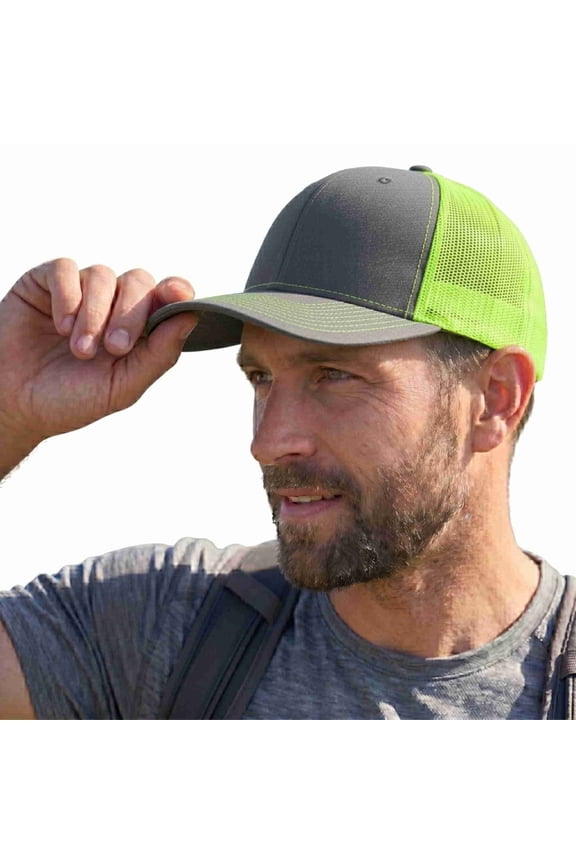 Adjustable Snapback Trucker Mesh Cap, Charcoal / Neon Yellow