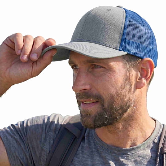 COUVER Adjustable Snapback Trucker Mesh Cap, Heather Grey / Royal