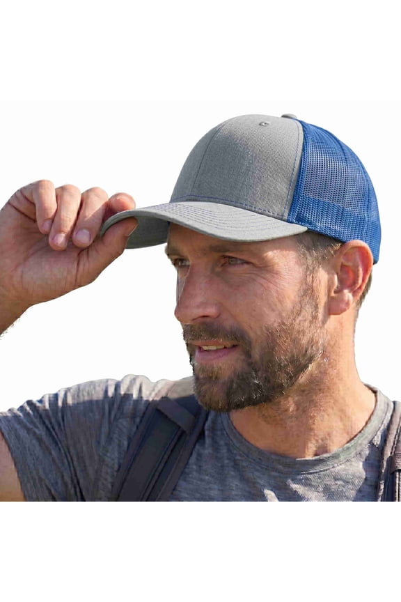 Adjustable Snapback Trucker Mesh Cap, Heather Grey / Royal