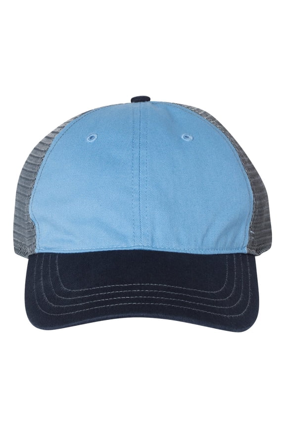 - Garment-Washed Trucker Cap - 111 - Columbia Blue/ Charcoal/ Navy