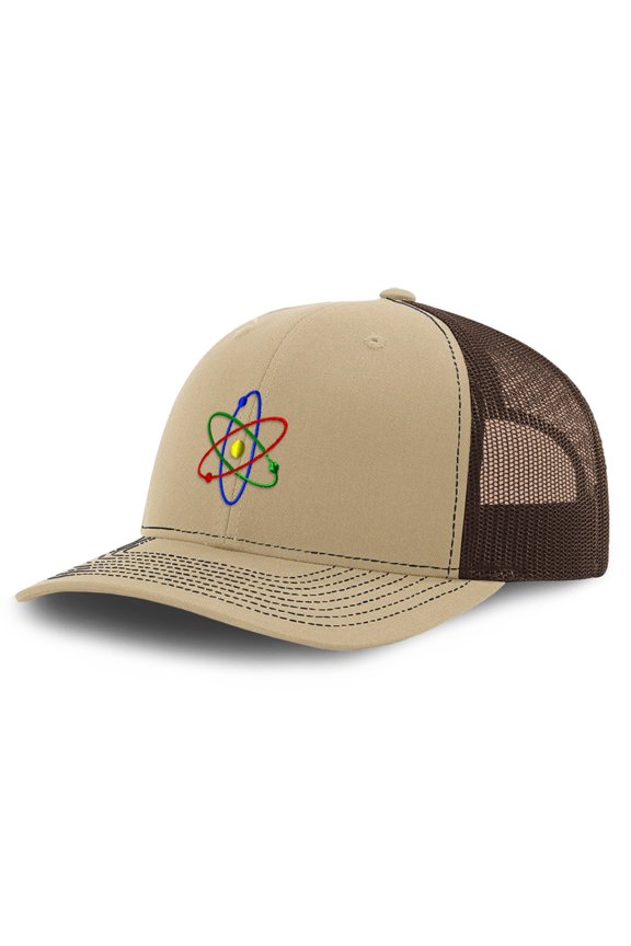 Richardson Mesh Cap Hat Embroidered Science Symbol Lab Nuclear Embroidery Trucker Hats for Men & Women Khaki Coffee Design Only