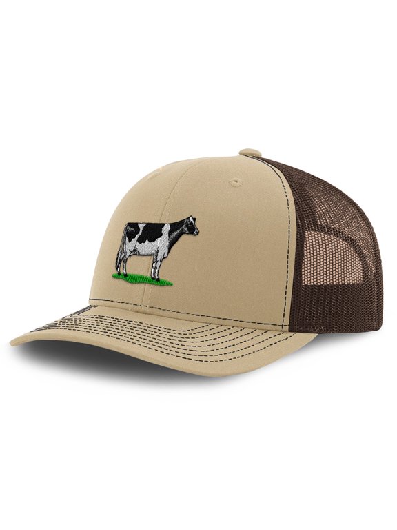 Richardson Mesh Cap Hat Embroidered Western Farm Animal Cow Cattle Holstein Trucker Hats for Men & Women Khaki Coffee Design Only