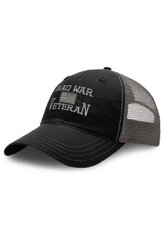 Richardson Soft Mesh Cap Hat Embroidered American Veteran Iraq War B Embroidery Trucker Hats for Men & Women Cotton Black Charcoal Design Only