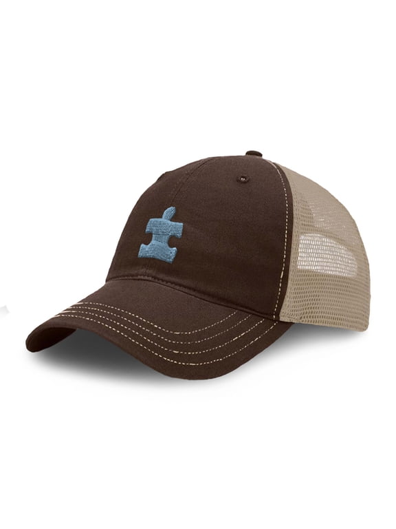 Richardson Soft Mesh Cap Hat Embroidered Autism Puzzle Embroidery Trucker Hats for Men & Women Cotton Brown Khaki Design Only