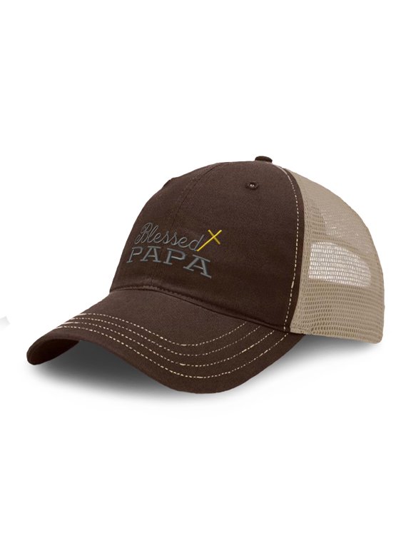 Richardson Soft Mesh Cap Hat Embroidered Blessed Papa Father Daddy Dad Trucker Hats for Men & Women Cotton Brown Khaki Design Only