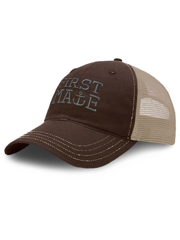Richardson Soft Mesh Cap Hat Embroidered First Mate Boat Ship Gray Embroidery Trucker Hats for Men & Women Cotton Brown Khaki Design Only