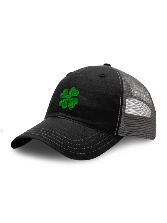Richardson Soft Mesh Cap Hat Embroidered Four Leaf Clover Irish Ireland St Patrick's Trucker Hats for Men & Women Cotton Black Charcoal Design Only