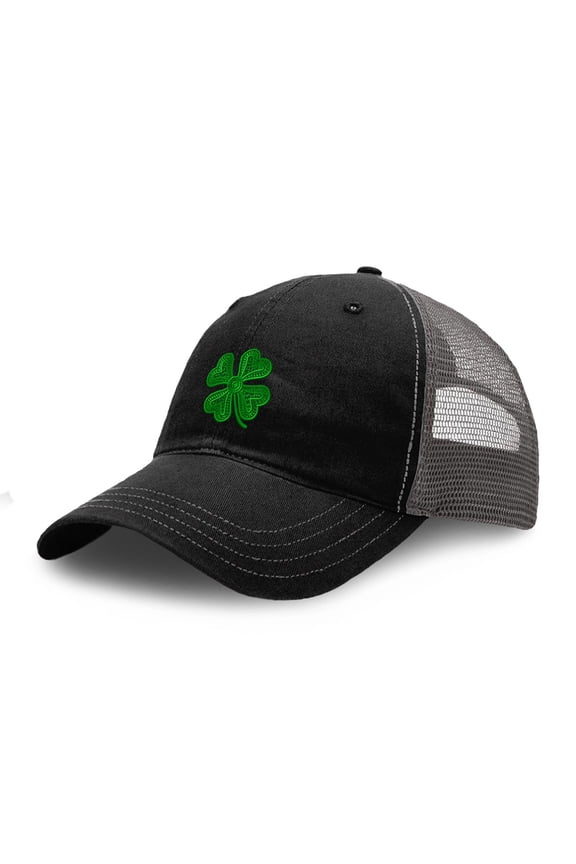 Richardson Soft Mesh Cap Hat Embroidered Four Leaf Clover Irish Ireland St Patrick's Trucker Hats for Men & Women Cotton Black Charcoal Design Only