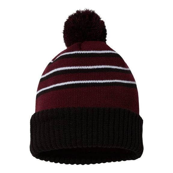 Richardson - Stripe Pom Cuffed Beanie - 134 - Maroon/ Black/ White - Size: One Size