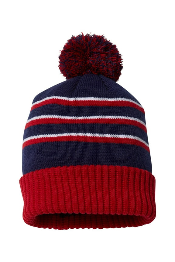 - Stripe Pom Cuffed Beanie - 134 - Navy/ Red/ White - Size: One Size