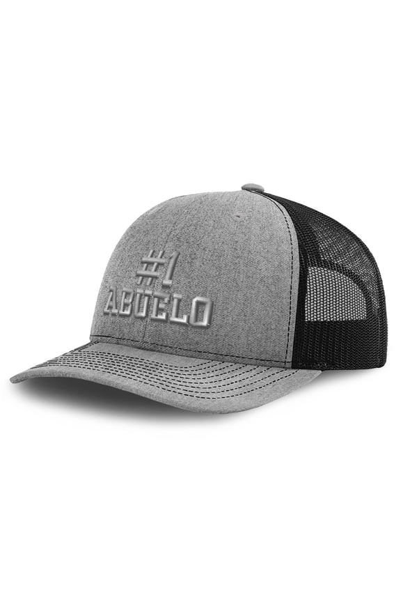 Richardson Trucker Hat #1 Abuelo Embroidery Polyester Mesh Baseball Cap Snaps Heather Gray/Black Design Only