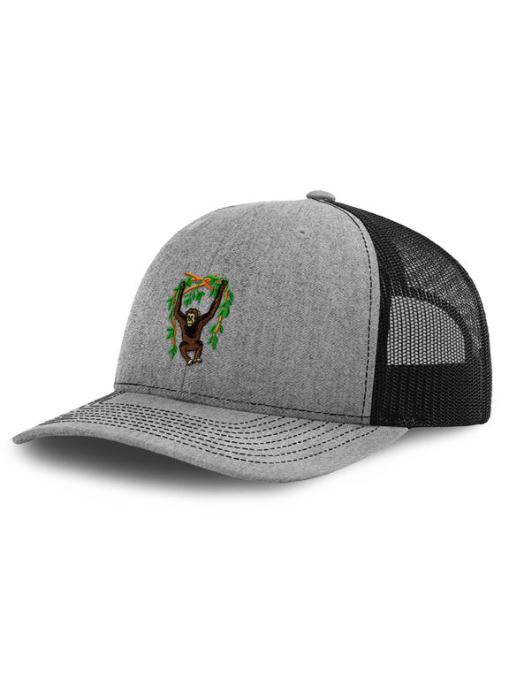 Richardson Trucker Hat Animal Wildlife Chimp Monkey Chimpanzee Polyester Baseball Cap Snapback Heather Grey Black Design Only