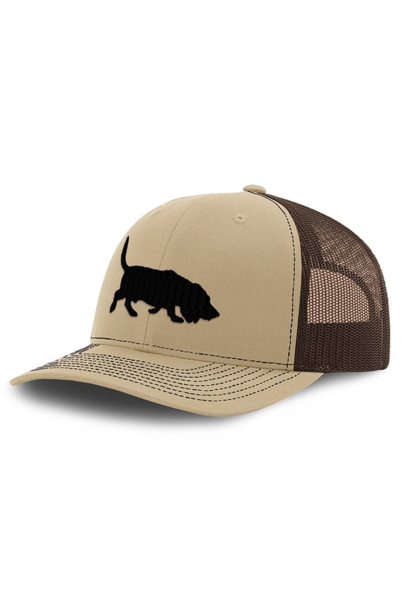 Richardson Trucker Hat Basset Hound Silhouette Embroidery Dog Name Polyester Baseball Mesh Cap Snaps - Khaki/Coffee, Design Only