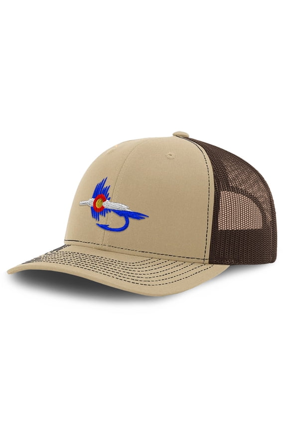 Custom Richardson Trucker Hat Colorado Flag Fishing Fly Embroidery Polyester Mesh Baseball Cap Snaps Khaki/Coffee Design Only