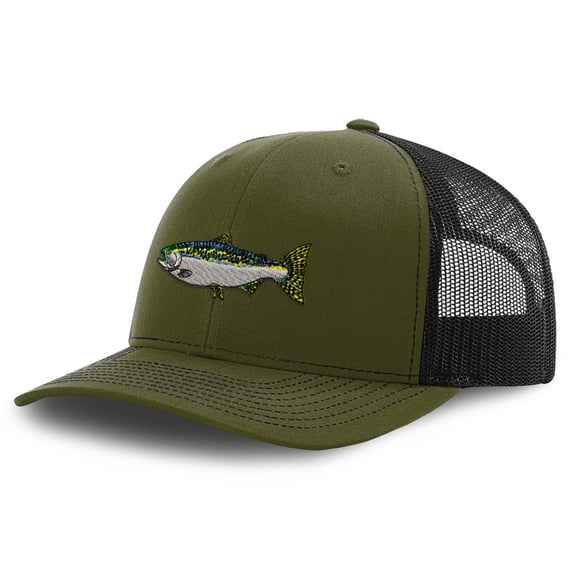 Richardson Trucker Hat Fish Steelhead Embroidery Design Polyester Mesh Baseball Cap Snaps Loden/Black Design Only