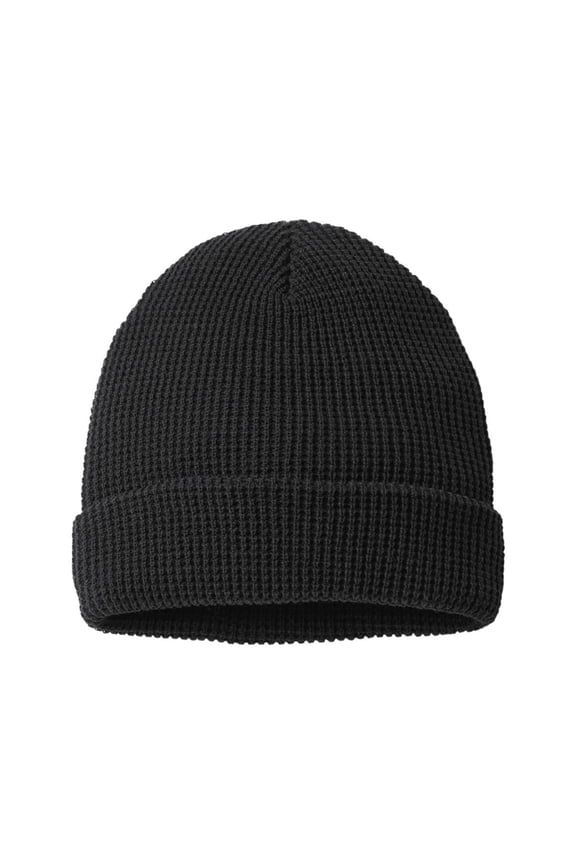 Waffle Cuffed Beanie, 100% Acrylic Unisex Warm Winter Hat (Black, One Size)