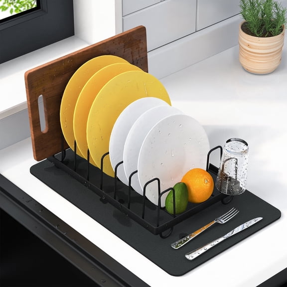 RicheMake Dish Drying Mat and Rack Set, Quick Dry Diatomaceous Earth Stone Mat with Stainless Steel Dish Rack, Organizer for Apartment, RV - Compact, Black