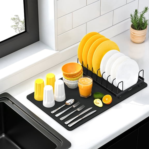 RicheMake Dish Drying Mat and Rack Set, Quick Dry Diatomaceous Earth Stone Mat with Stainless Steel Dish Rack, Kitchen Counter Organizer - Large, Black