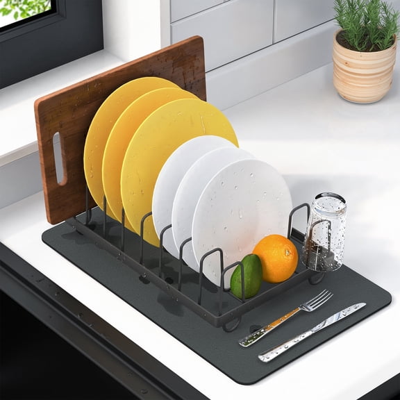 RicheMake Dish Drying Mat and Rack Set, Quick Dry Diatomaceous Earth Stone Mat with Stainless Steel Dish Rack, Organizer for Apartment, RV - Compact, Gray