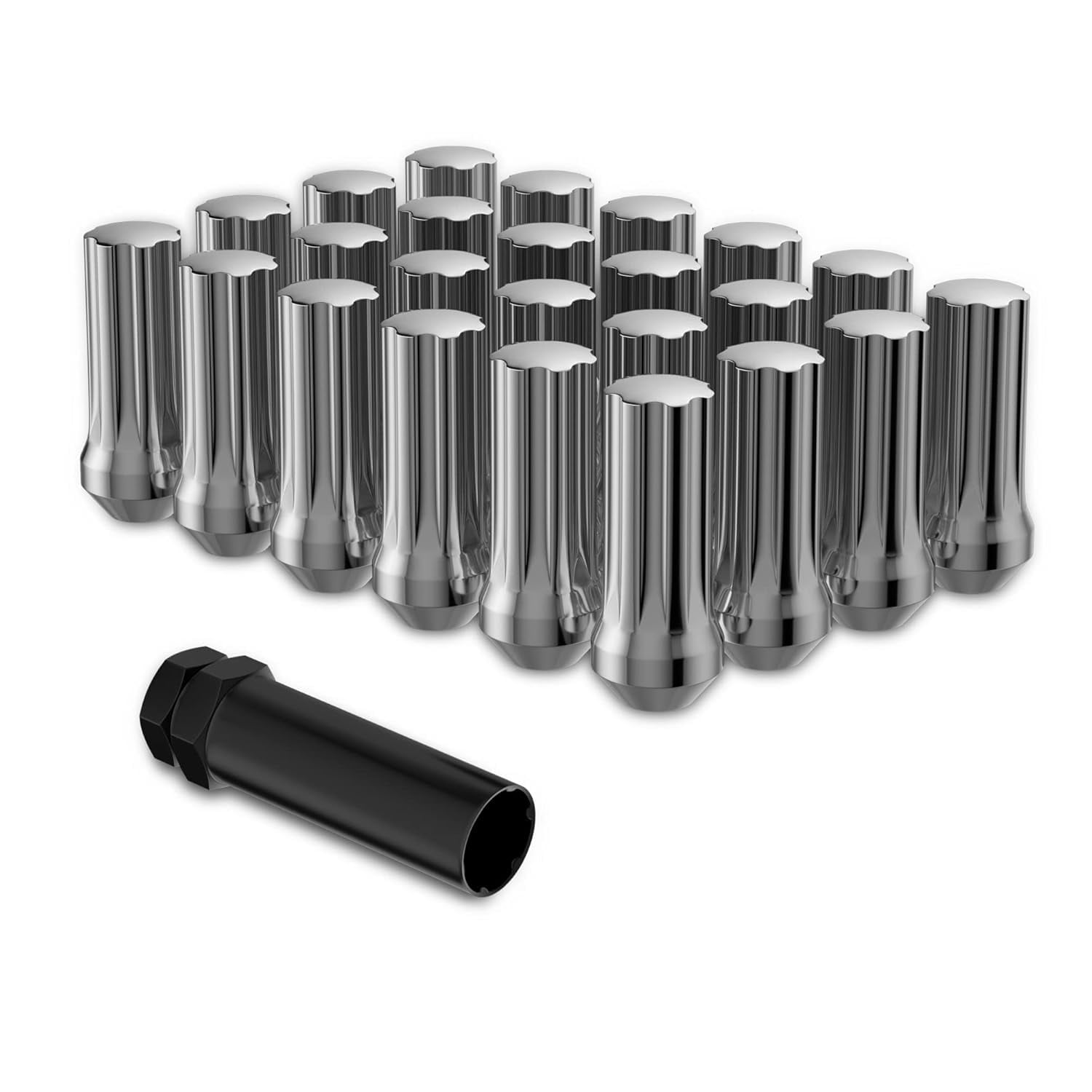 Richeer M14x1.5 Lug Nuts for Silverado Suburban Sierra ram 1500 Escalade Tahoe Traverse Yukon, 24pcs 14x1.5 Chrome Lug Nuts Long Extended XL 7 Spline with Socket Key for 6 Lug Aftermarket Wheels