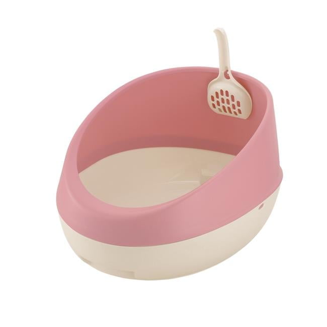 Salmon Pink and White Plastic Rimmed Cat Litter Pan with Scoop